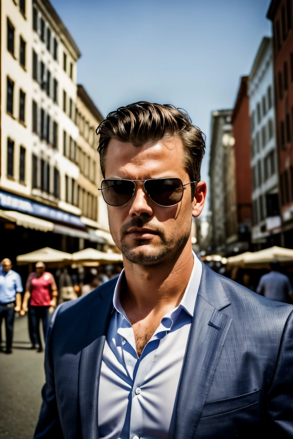 (best quality,4k,8k,highres,masterpiece:1.2),ultra-detailed,(realistic,photorealistic,photo-realistic:1.37),Josh Duhamel as american policeman,wearing uniform,ray ban,armed with a service revolver,sweating,cinematic,crowded street scenario,city at dusk,shadows and lights,action-packed,streets filled with people,mixed ethnicity,street market with various stalls,vibrant colors,neon lights flickering,background cars passing by,expressive face,adequate stubble,serious expression,sharp eyes,strong jawline,strong and muscular physique,fitted police uniform,precise details on the uniform's badges and patches,reflective sunglasses,glistening with sweat and water droplets on his forehead,intense atmosphere,wide-angle street view,high-rise buildings in the background,detailed facial features,beads of sweat on his temples and upper lip,authentic city sounds,captivating storytelling perspective.