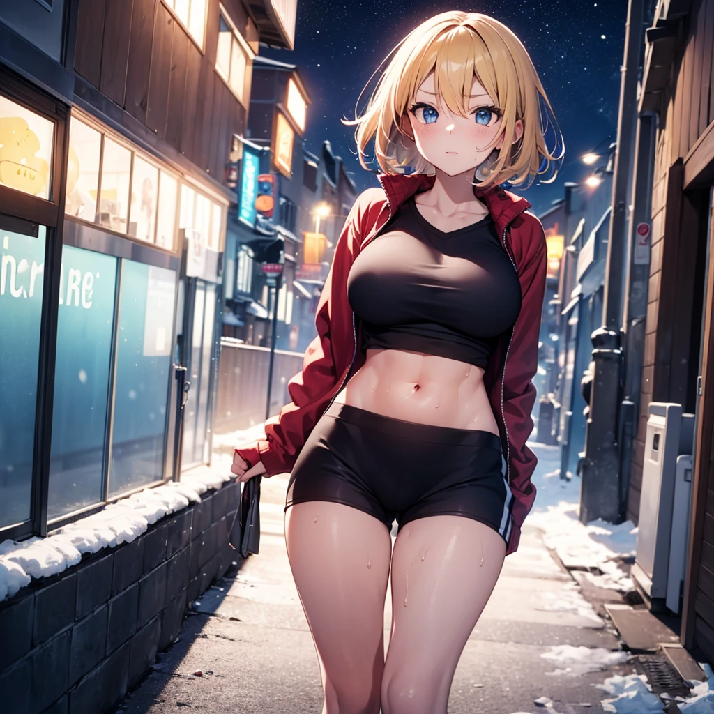2D Anime Style、Blue eyes、breasts are slightly larger、A cool adult woman with short blonde hair is walking on a snowy night road with a cool expression.., Wear sweat tops that show your stomach, Sweatshorts