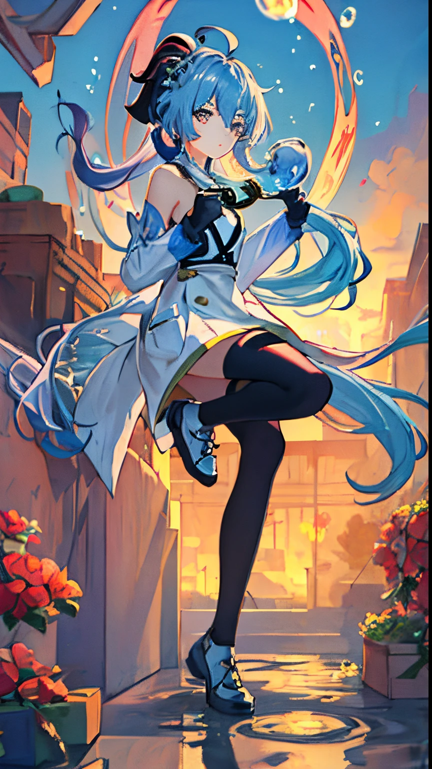 (masterpiece), (best quality), (ultra detailed),(disheveled hair),(illustration), (1girl), (Fashionable clothing), standing, Fashion model, looking at viewer, (interview), (simple background),beautiful detailed eyes, delicate beautiful face, Floating,(high saturation),(colorful splashes),colorful bubble,(shining), focus on face, ponytail, kamisato ayaka, light blue hair, bangs, hair ring, floating flowers, floating hairs, (shining), best lighting, best shadow, bronya