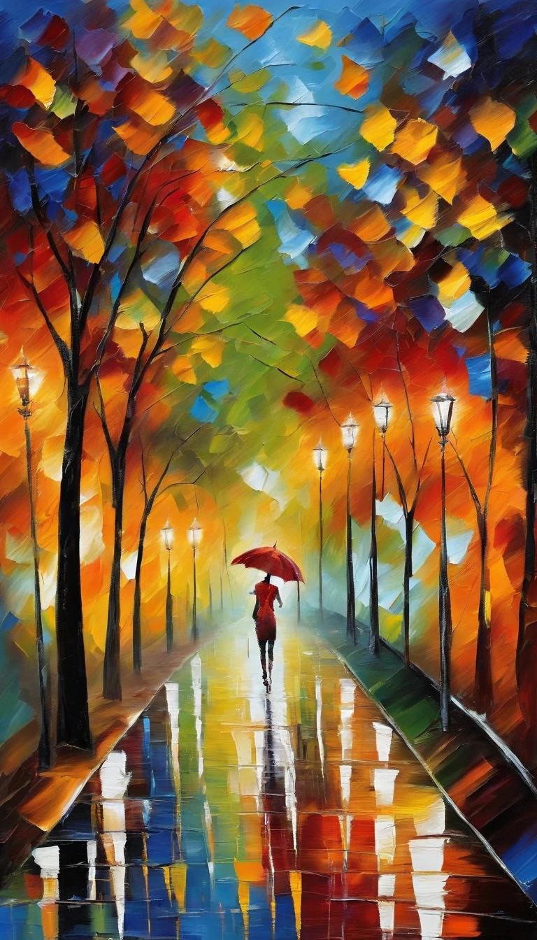 tmasterpiece, topquality, evening, Sateen, lanterns, alley, A park, stroll, A girl, umbrella, palette knife, UHD