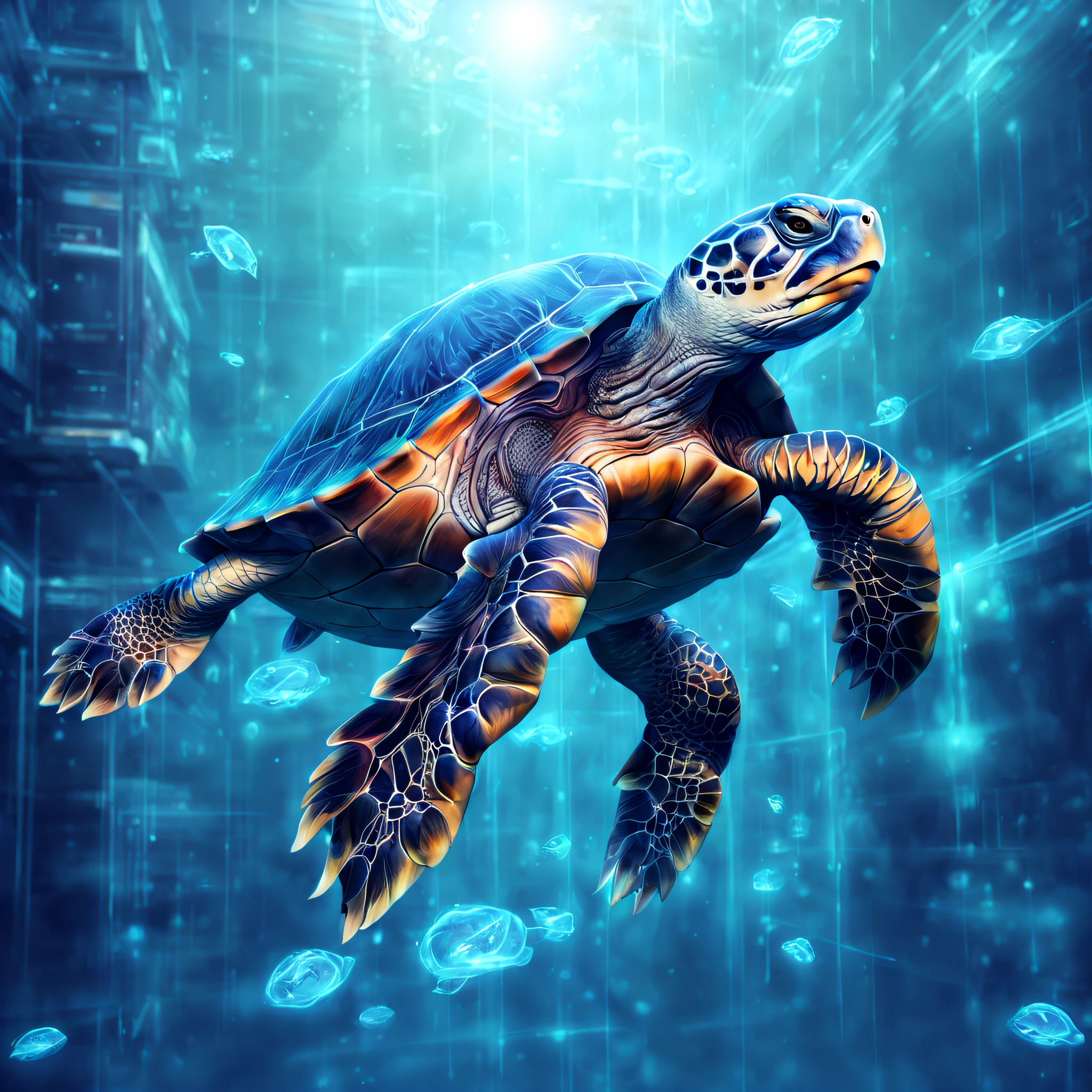 Digital turtle swims in the information space and digital information flows, digital atmosphere, hi-tech, Fantastic, digitalpainting