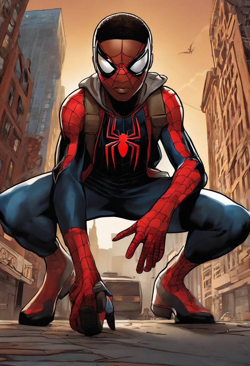 An image of Miles standing in front of a mural he painted, featuring a mix of cityscape and Spider-Man imagery.,Marvel Comics,Miles Morales, the dynamic character from the “Spider-Man” universe, is a young, black athletic teenager with a lean build, often seen in his distinctive black Spider-Man suit with red webbing and unique graffiti-style designs. He has a youthful, energetic face, often expressing a wide range of emotions from awe to determination, reflective of his age and the enormity of his responsibilities.
