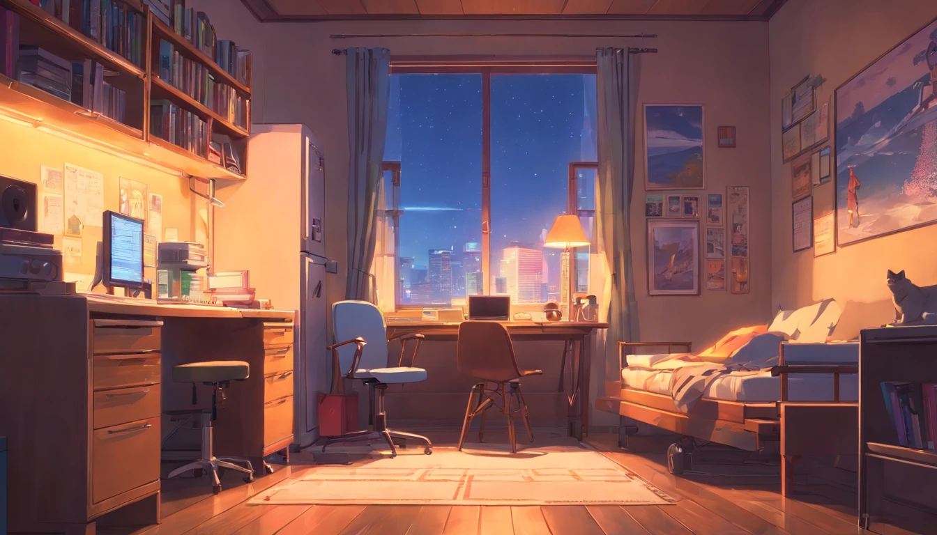 3d animation cinematic still of a cozy room, big windows with city view at night, crested moon, melancholic, sad vibes, bed is unmade, computer desk, cluttered with the mismatched furniture, The otaku style posters on the walls and the guitar in the corner,in style of Pixar, Disney, vaporwave