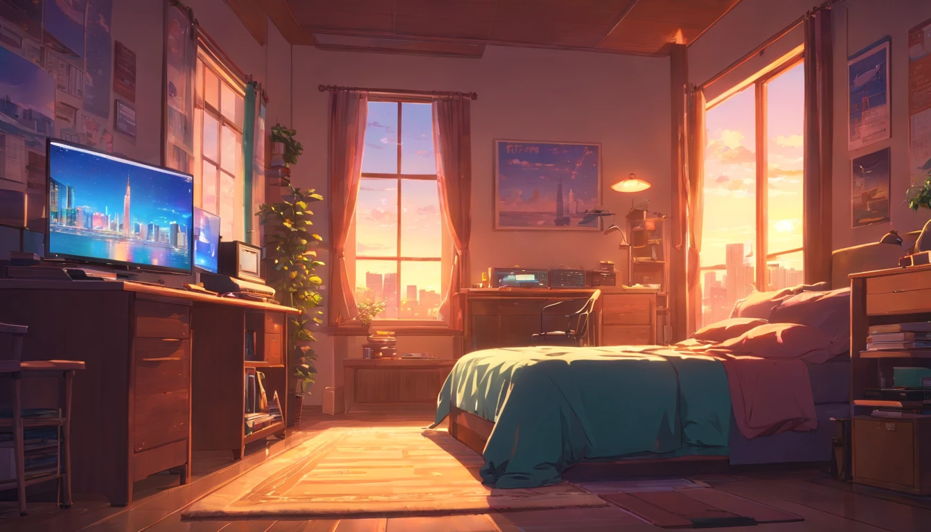 3d animation cinematic still of a cozy room, big windows with city view at night, crested moon, melancholic, sad vibes, bed is unmade, computer desk, cluttered with the mismatched furniture, The otaku style posters on the walls and the guitar in the corner,in style of Pixar, Disney, vaporwave