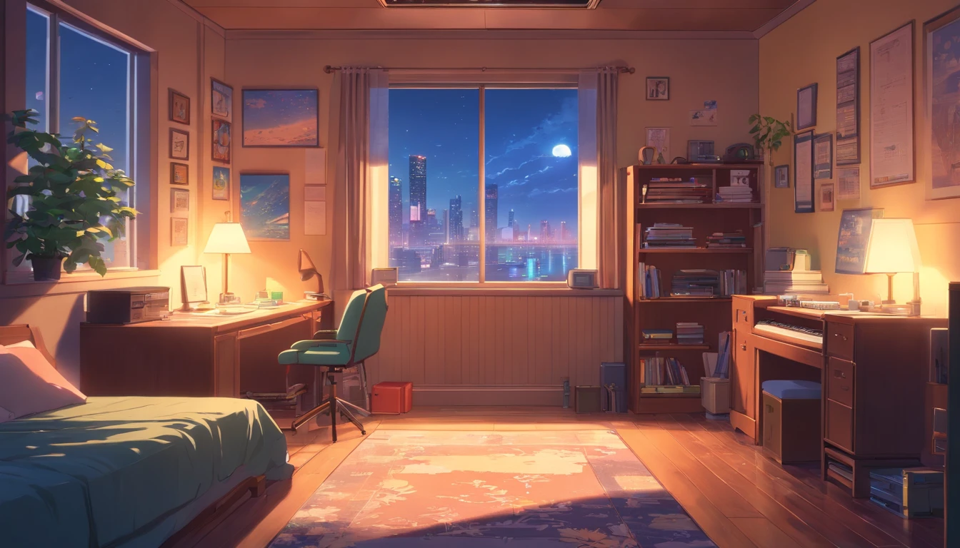 3d animation cinematic still of a cozy room, big windows with city view at night, crested moon, melancholic, sad vibes, bed is unmade, computer desk, cluttered with the mismatched furniture, The otaku style posters on the walls and the guitar in the corner,in style of Pixar, Disney, vaporwave
