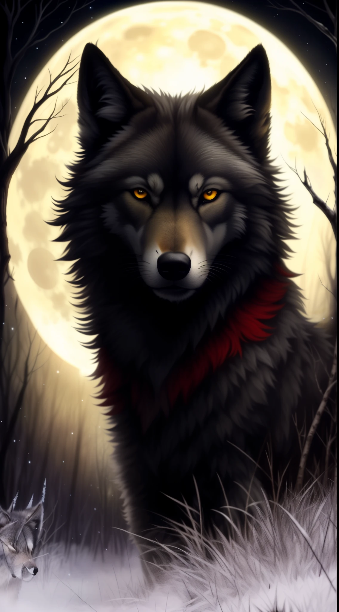 pintura de um lobo na floresta com uma lua cheia no fundo, Lobo Negro, Ele tem olhos de lobo amarelos, foto de lobo, lobo cinzento escuro, Lobo cinzento escuro O'Donnell, lobo, retrato do lobo da fantasia, Fenrir, guarda do lobo negro, grande lobo, an anthropomorphic wolf, retrato do lobo, alto detalhamento), lobo peludo, Grim - Lobo