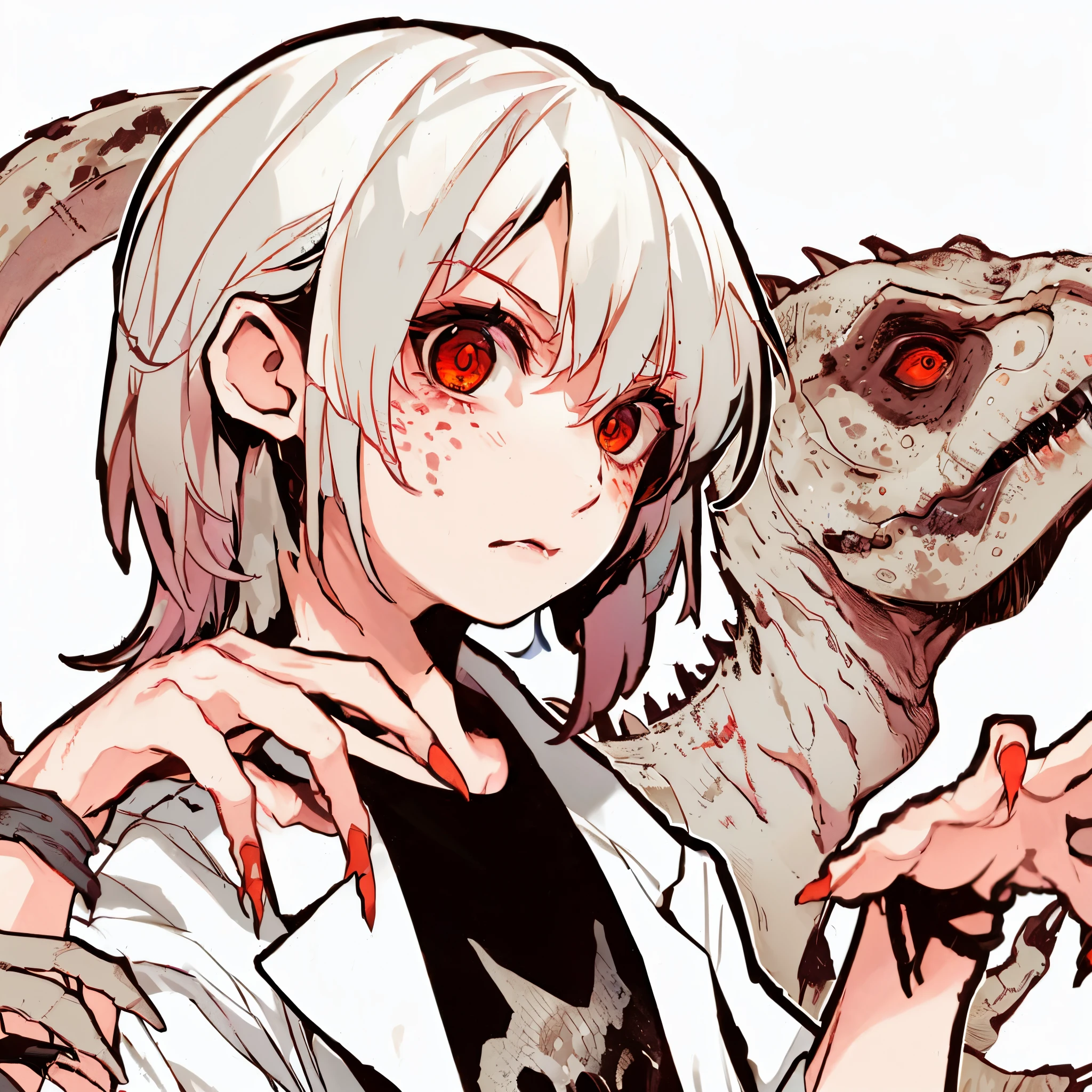 indominus rex. dinosaur element girl. her image color is white. Red Eyes. sly. sharp claws.