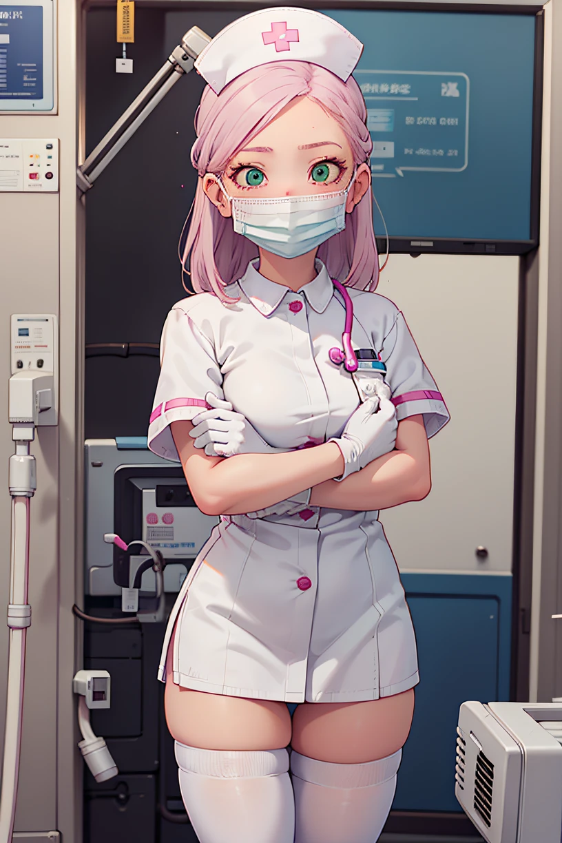 1girl, solo, nurse, nurse cap, white wear, ((white legwear, zettai ryouiki)), white gloves, pink hair, green eyes, drooping eyes, ((white surgical mask, covered nose)), standing, ((hospital room)), sharp outline, short sleeves, best quality, masterpiece