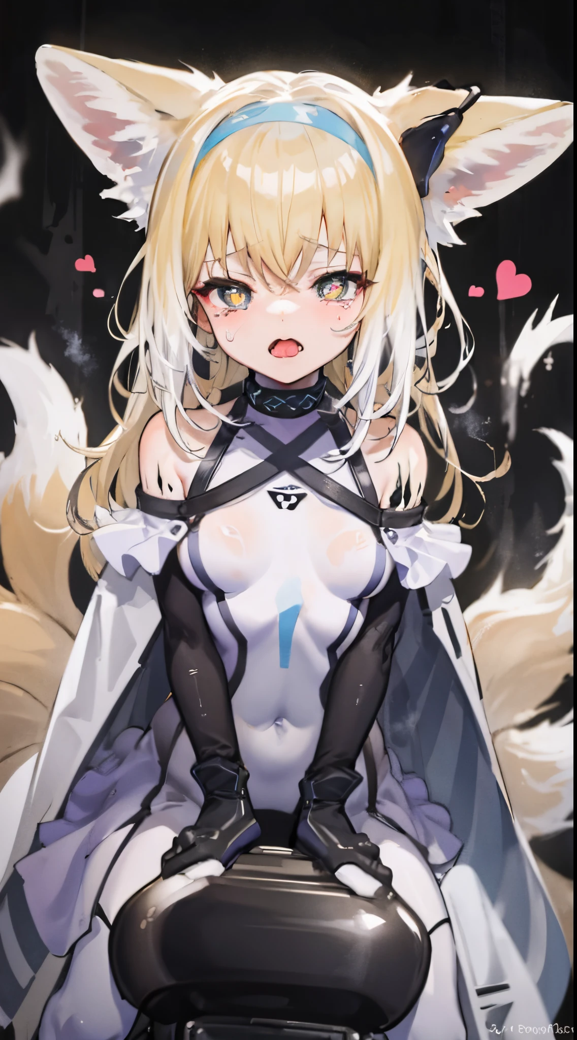 riding machine, 1girl, solo, breasts, sweat, tears,heart-shaped pupils, ahegao, steaming body, bodysuit,v-arms,Stick out her tongue,with her mouth open,drools
