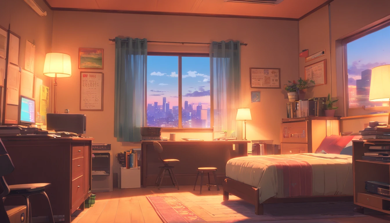 3d animation cinematic still of a cozy room, big windows with city view at night, crested moon, melancholic, sad vibes, bed is unmade, computer desk, cluttered with the mismatched furniture, The otaku style posters on the walls and the guitar in the corner,in style of Pixar, Disney, vaporwave