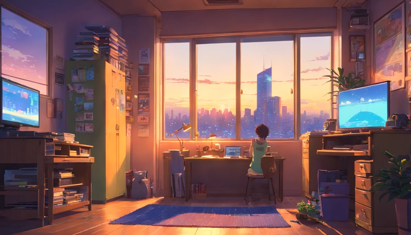 3d animation cinematic still of a cozy room, big windows with city view at night, crested moon, melancholic, sad vibes, bed is unmade, computer desk, cluttered with the mismatched furniture, The otaku style posters on the walls and the guitar in the corner,in style of Pixar, Disney, vaporwave