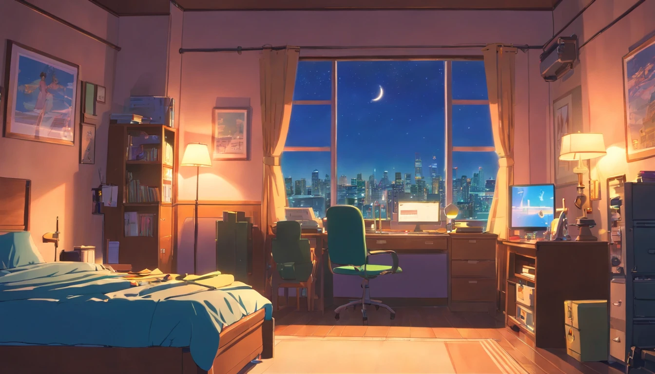3d animation cinematic still of a cozy room, big windows with city view at night, crested moon, melancholic, sad vibes, bed is unmade, computer desk, cluttered with the mismatched furniture, The otaku style posters on the walls and the guitar in the corner,in style of Pixar, Disney, vaporwave