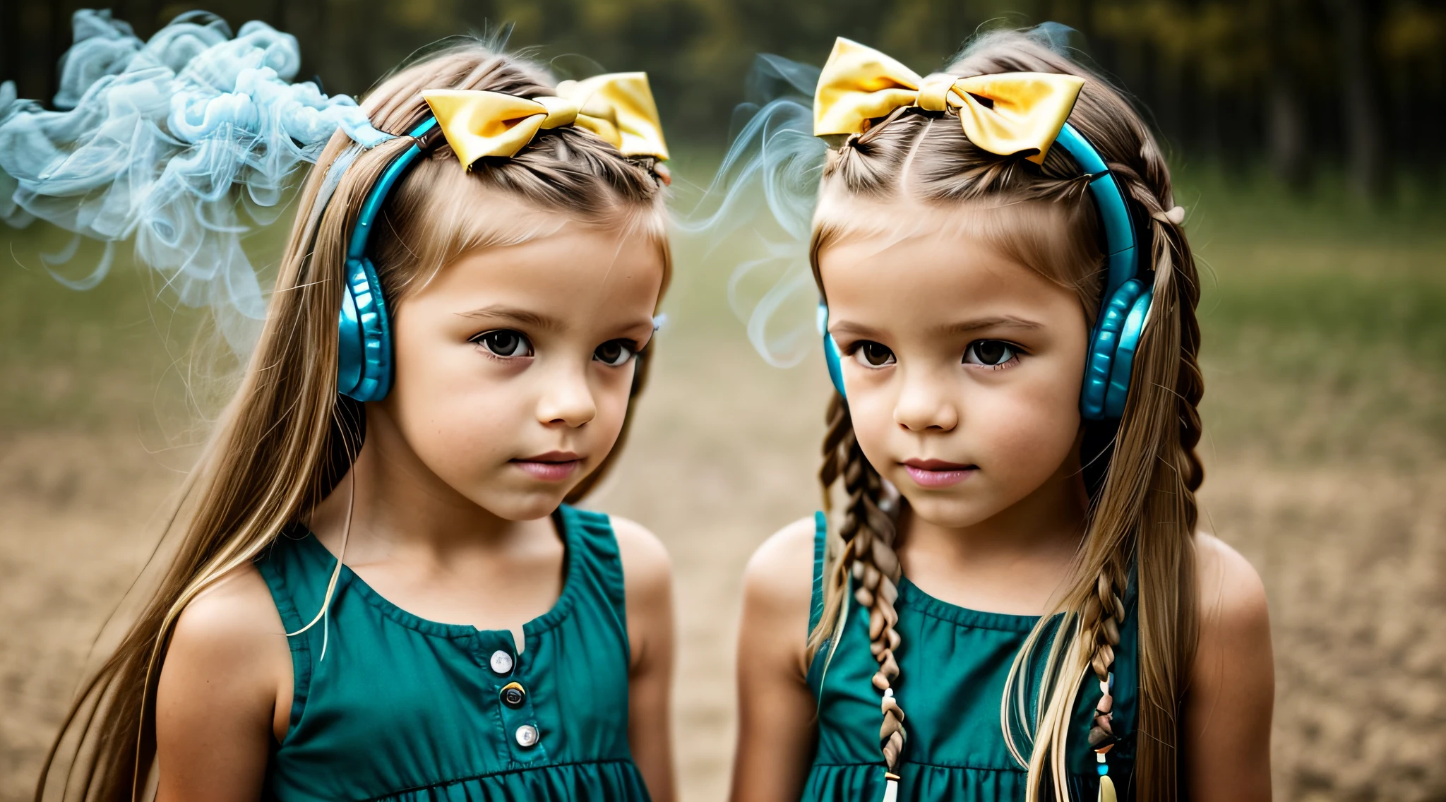 two girls KIDS BLONDE GOLD BRAIDS WITH LONG HAIR with bows on the head AND HEADPHONE and one wearing BLACK dress, FONES DE OUVIDO FOGO E FOGO. GREEN Smoke Billowing GREEN, portrait of twins twins, faixa de cabelo AMARELO, FUNDO BLACK.