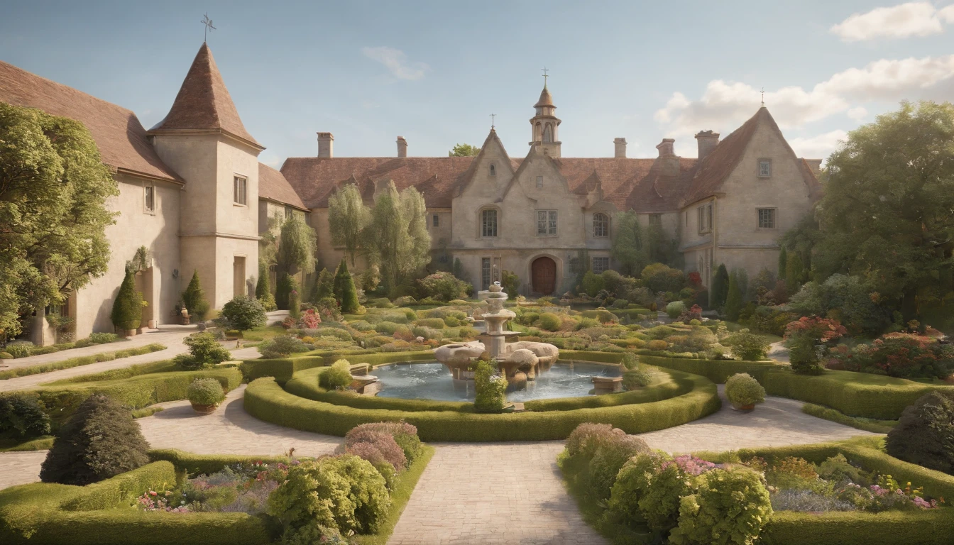 a cartoon of biblical times "Generate a realistic depiction of a very beautiful garden with many big buildings mansions, no human beings, and many animals around