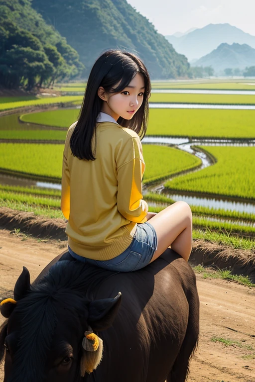 A young woman, 20 years old, Korean, with a slender, round face, a good figure, sharp eyes, sitting on the back of a running buffalo. Follow the dirt road Along both sides of the road are rice fields with golden yellow rice.