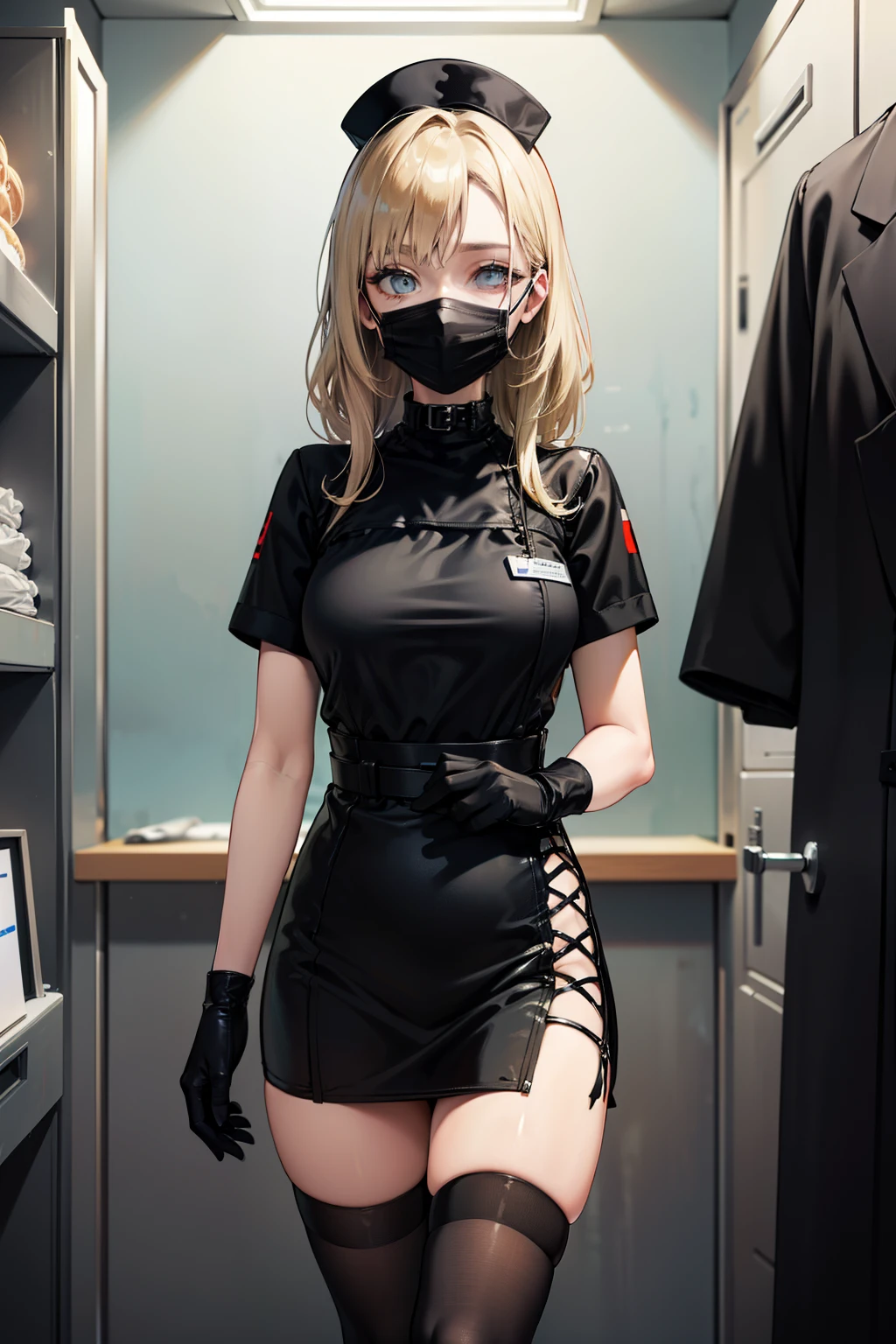 black nurse, 1woman, solo, black nurse cap, black wear, ((black legwear, zettai ryouiki)), black elbow gloves, blonde hair, blue eyes, ((black surgical mask, covered nose)), standing, ((surgery room)), sharp outline, short sleeves, mature female, 35 years old, best quality, masterpiece