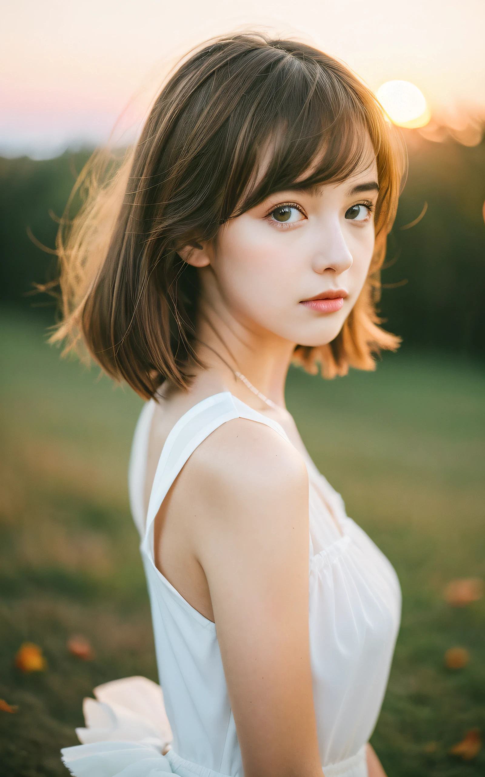 masterpiece, Best Quality, 8K, 1 girl, Located on a hill with a beautiful sunset sky, 16 yo, medium breasts⁩, Open your mouth and say something, cute little, Solo, sad, Autumn costume, Cute, Girly, Delicate girl, Neat and clean beauty, Raw photo, Professional Photography, Portrait, Soft light, Professional Lighting, Back lighting, Upper body, look forward to your eyes, Sophisticated, Film grain, (Eyes and faces with detailed:1.0), Short hair swaying in the wind, beautiful flowing brown hair,
