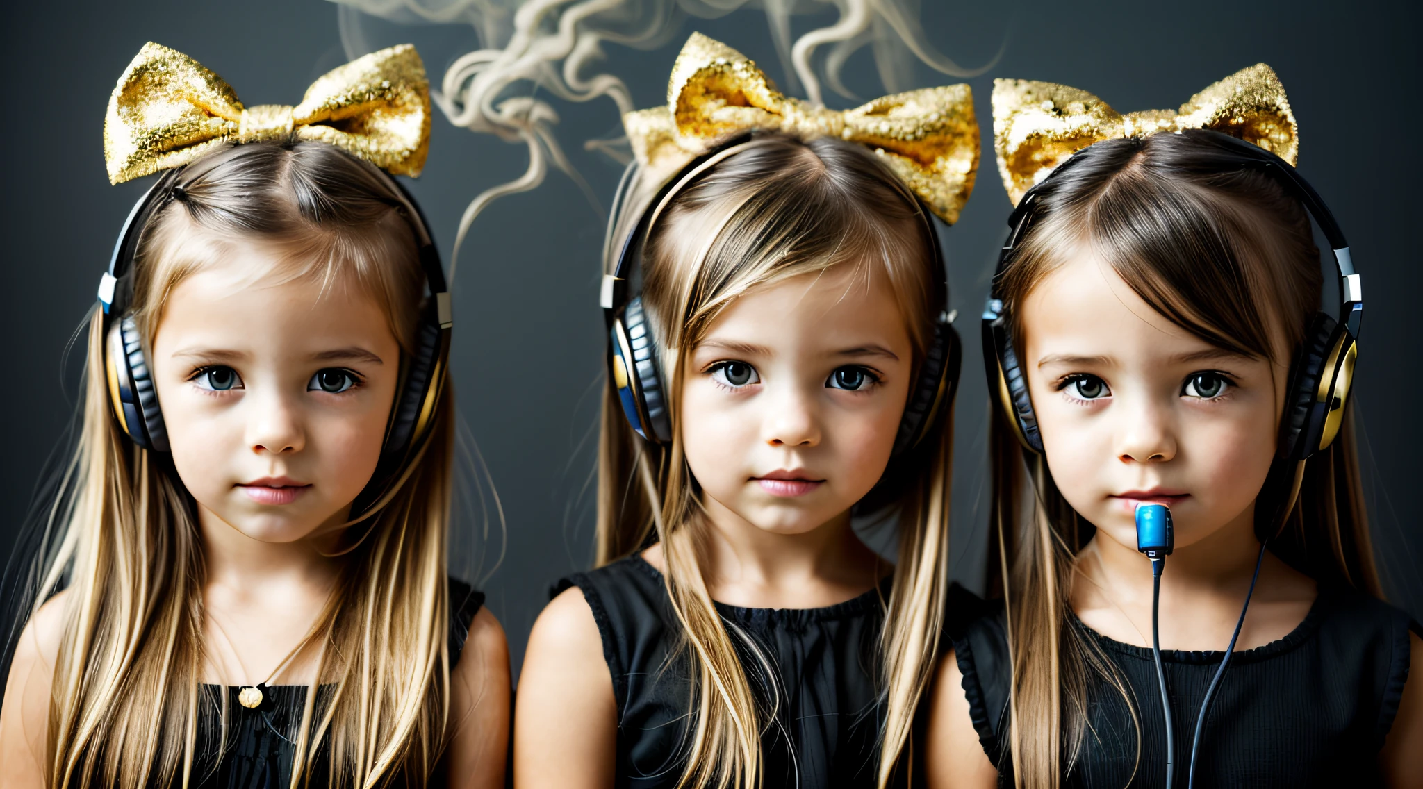 BLACK BACKGROUND. two girls KIDS BLONDE GOLD WITH LONG HAIR with bows on the head AND HEADPHONE and one wearing BLACK dress, FONES DE OUVIDO FOGO E FOGO. GREEN Smoke Billowing GREEN, portrait of twins twins, faixa de cabelo AMARELO,