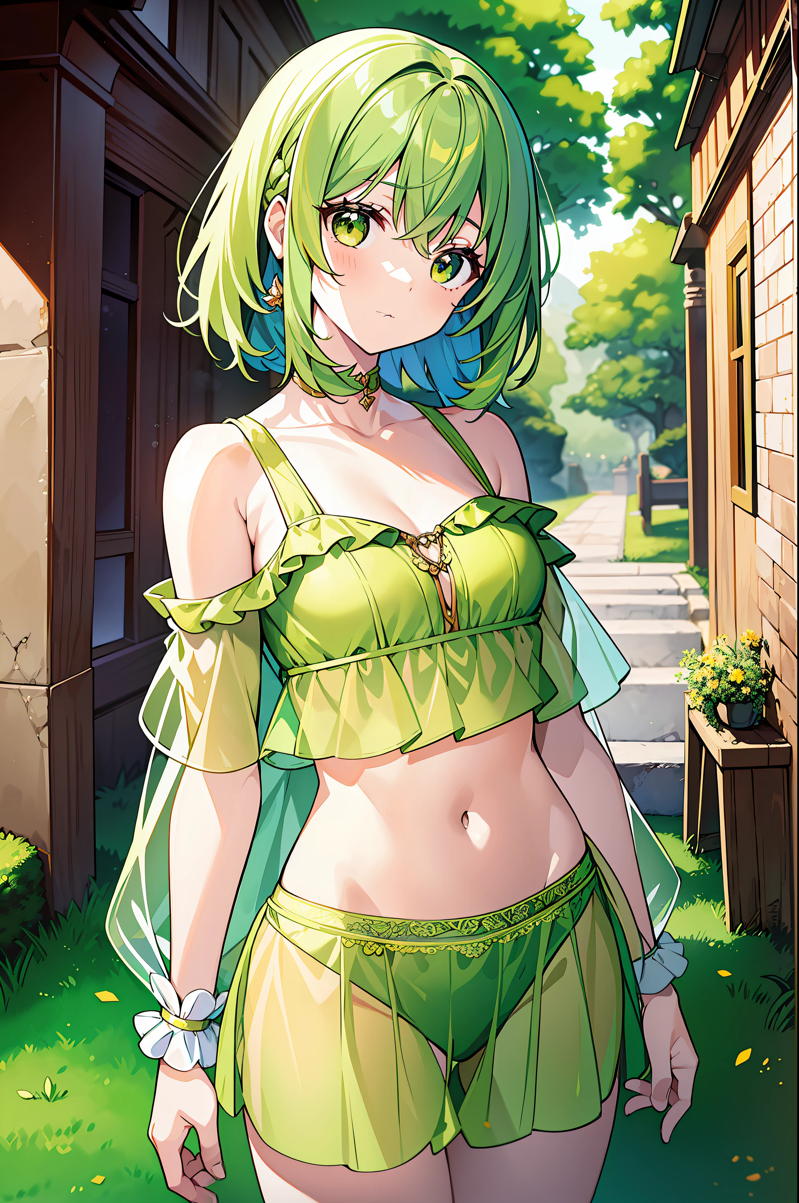 (MASTERPIECE), (Best Quality), (Super Detail), Official Art, One Girl, Lori with Pale Green Hair, Petite Girl, Lori, Green and Yellow See-Through Dress, Sleeveless, Off Shoulder, Small, Very Small Breasts, Small, Cleavage, Thigh Focus, Navel Out, The Lower Half of the Chest Is Bare Skin, Card Illustration, Wind