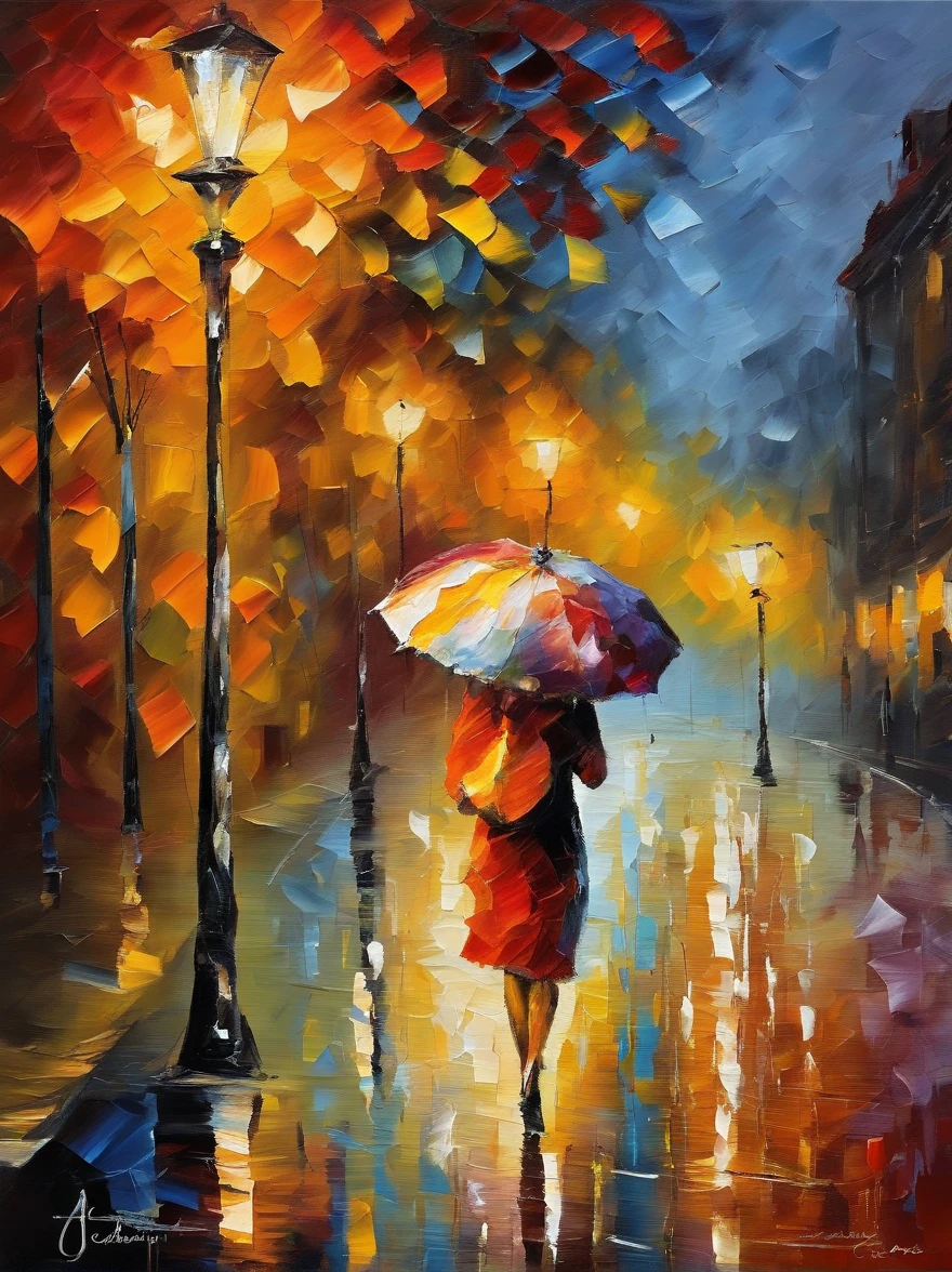 tmasterpiece, topquality, evening, Sateen, lanterns, street, The city, stroll, A girl, umbrella, palette knife, UHD