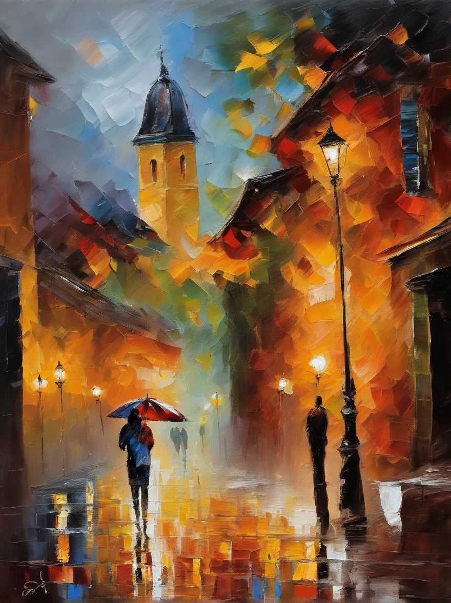 tmasterpiece, topquality, evening, Sateen, lanterns, street, The city, stroll, A  girl, umbrella, palette knife, UHD