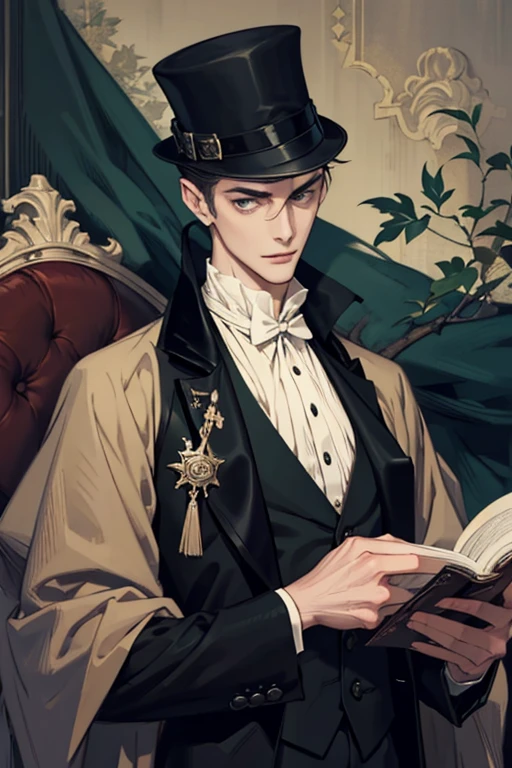 A young slender, tall man around  or 18 with a monocle, dressed in an old and fancy vest and coat. He is giving a gloomy and sick look, with a thick and luxuriously decorated book in his hands