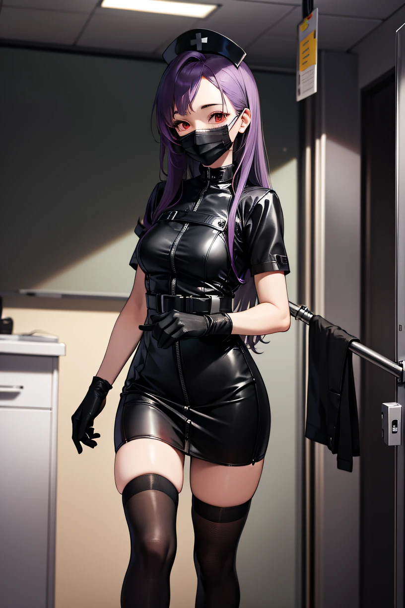 black nurse, 1woman, solo, black nurse cap, black nurse uniform, ((black legwear, zettai ryouiki)), black elbow gloves, long hair, purple hair, red eyes, ((black surgical mask, covered nose)), standing, ((surgery room)), sharp outline, short sleeves, mature female, 35yo, best quality, masterpiece