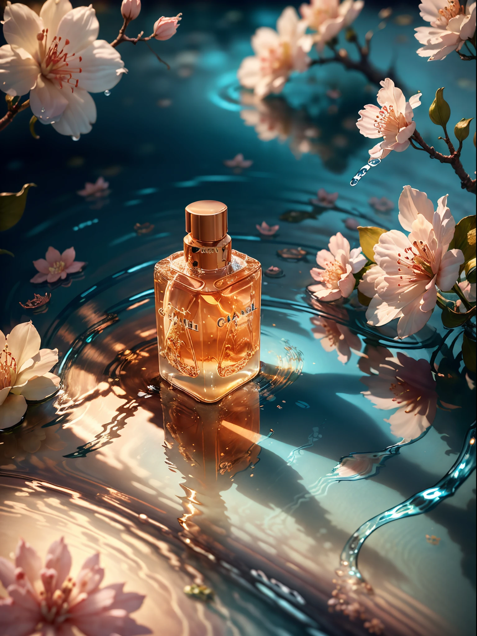 (super realistic scene), makeup bottle, cherry blossom background, water, ((taken low perspective angle: 1.5)), product rendering, HD 8K, ultra-detailed, luxury commercial photography, gucci and chanel cosmetic, ((no people, product only: 1.3))