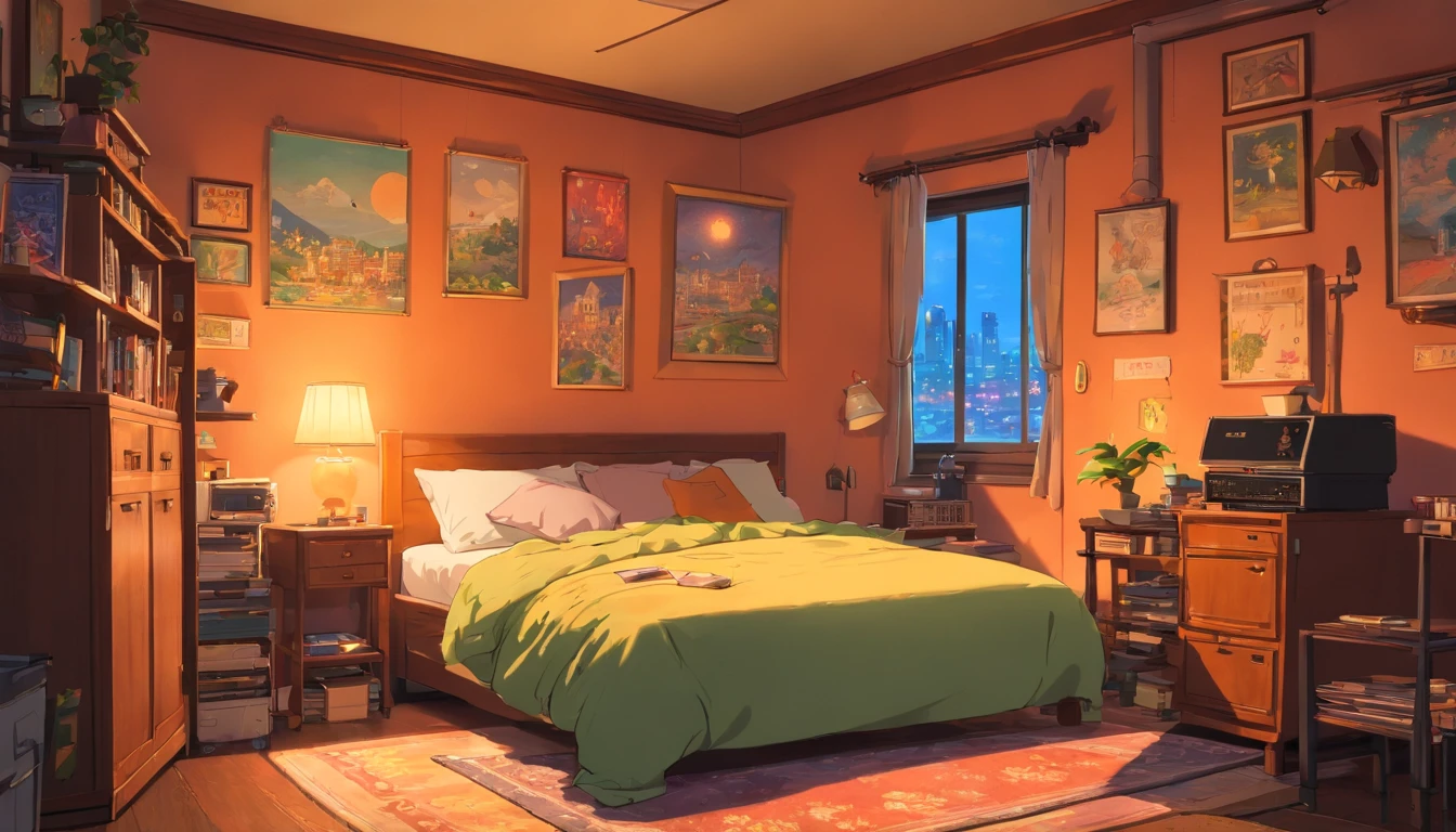 3d animation cinematic still of a cozy room, big windows with city view at night, crested moon, melancholic, sad vibes, bed is unmade, computer desk, cluttered with the mismatched furniture, The otaku style posters on the walls and the guitar in the corner,in style of Pixar, Disney, vaporwave