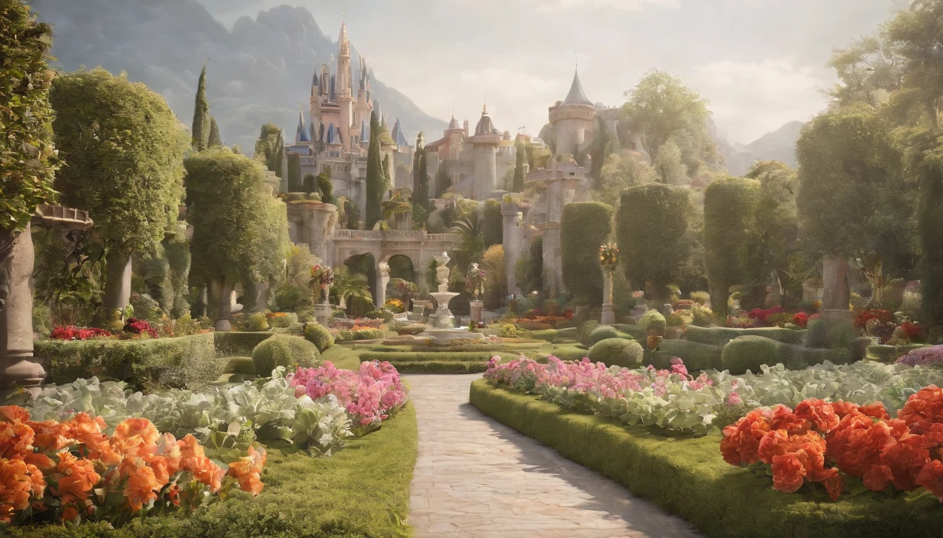 a cartoon of biblical times "Generate a realistic depiction of a very beautiful paradise in a heaven garden with many big buildings, mansions, like Disney world no human beings, and many animals around a lot of flowers around a paradise.
