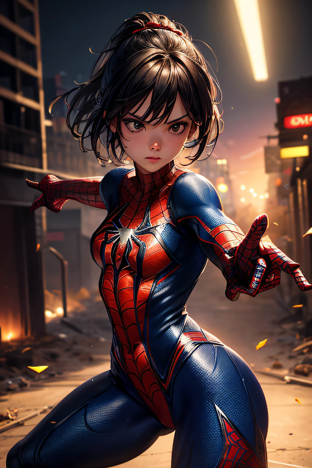 girl, comic accurate Spider Man costume, combat stance, highly detailed, vibrant appearance, creative behavior, extremly detailed, imaginative, sensual, spontaneous, small breasts, sexi, highest quality, skin texture, intricate details, (cinematic lighting), RAW photo, 8k, masterpiece,best quality,ultra-detailed,very detailed illustrations,extremely detailed,intricate details,highres,super complex details,extremely detailed 8k cg wallpaper,