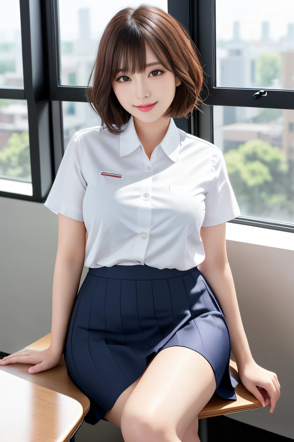 Highly detailed CG Unity 8k wallpaper, top quality, super detailed, masterpiece, realistic, photorealistic, highly detailed cute girl, 25 years old, (black garter belt), blush, parted lips, round eyes, medium breasts, viewer, full body shot ,office, desk , collected shirt, smile