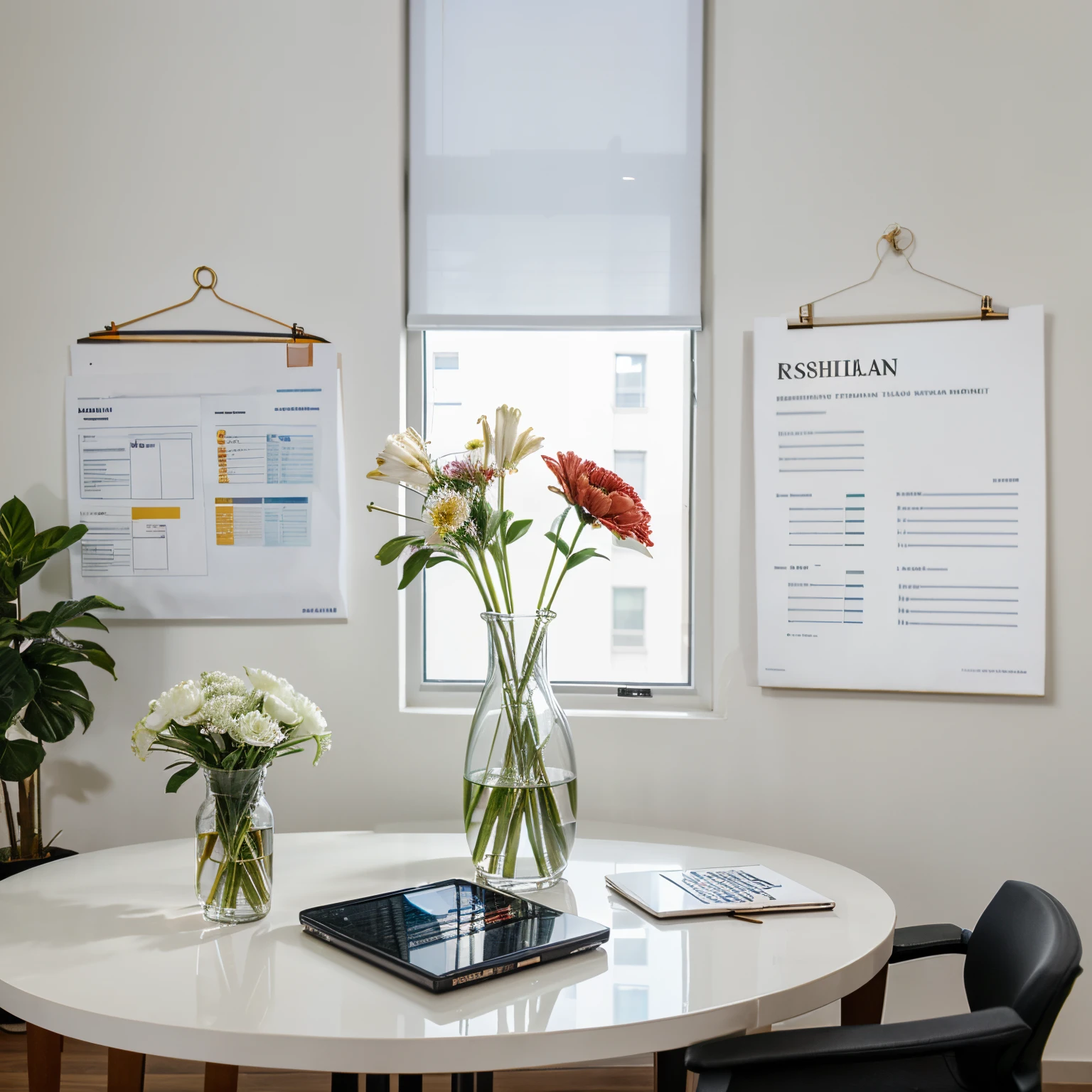 there is a vase of flower on the table in modern office, zoom at a financial Plan report on table
