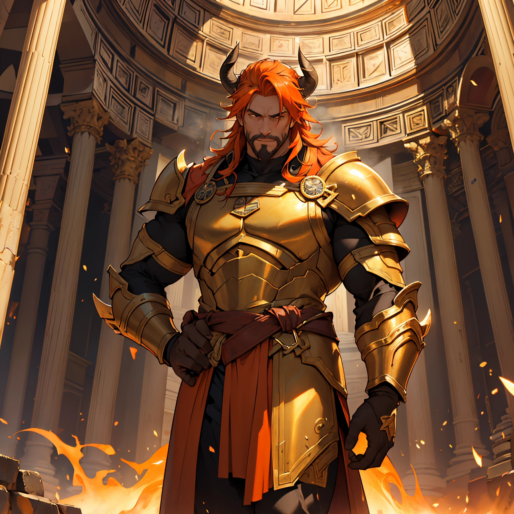 masterpiece, Best Quality, 4k, Background with:Inside the Pantheon with lava flowing, Very tall middle aged man with neat orange hair......, Minotaur-like armor, long black coat, Sparks fly