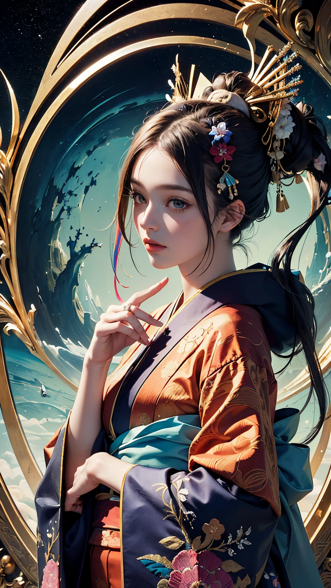 (masterpiece, top quality, best quality, official art, beautiful and aesthetic:1.2), (1girl),elaborate costume(Luxurious Japan kimono(Colorful kimono(detailed embroidery))), extreme detailed,(Fractal art),colorful,highest detailed,Mandala in the background