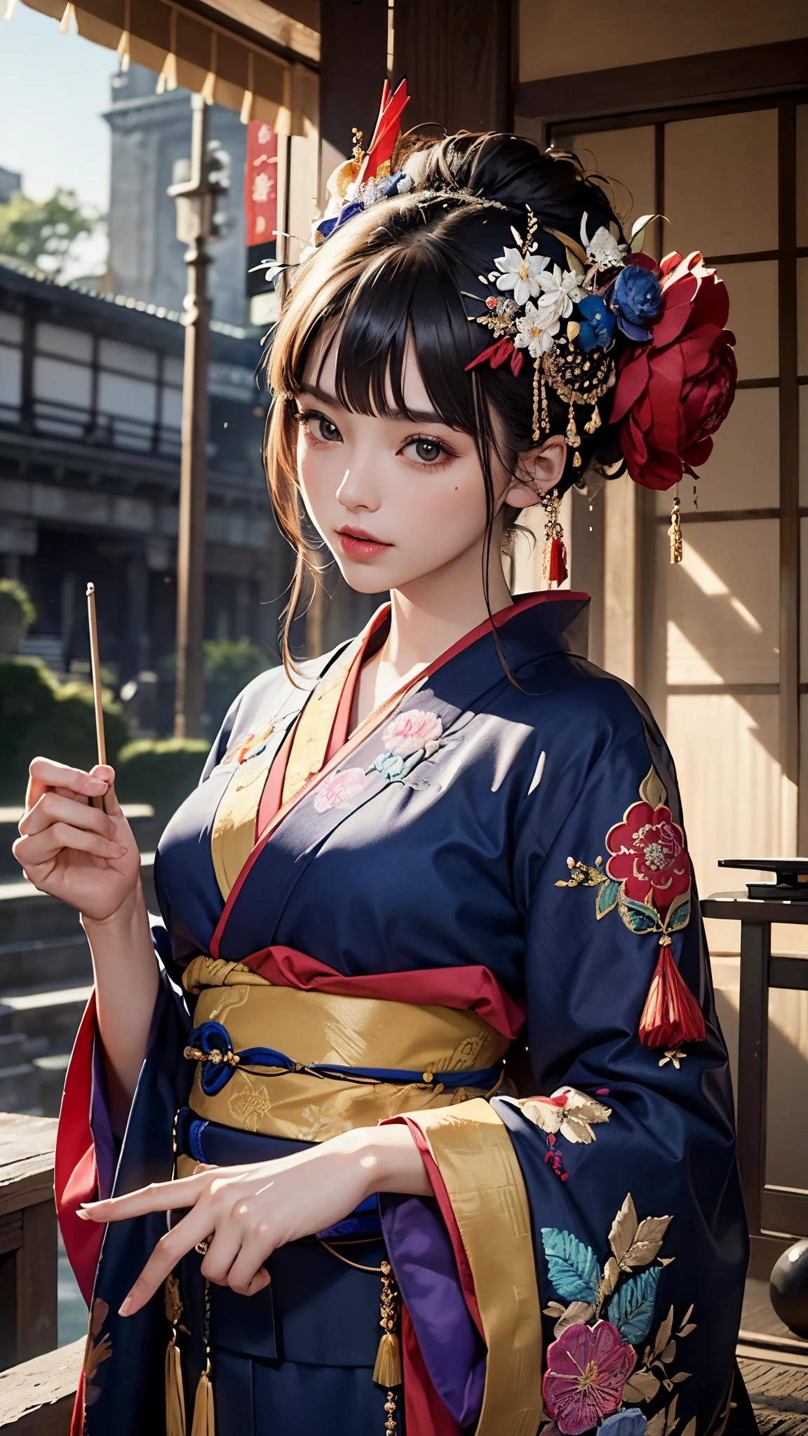 (masterpiece, top quality, best quality, official art, beautiful and aesthetic:1.2), (1girl),elaborate costume(Luxurious Japan kimono(Colorful kimono(detailed embroidery))), extreme detailed,(Fractal art),colorful,highest detailed,Mandala in the background