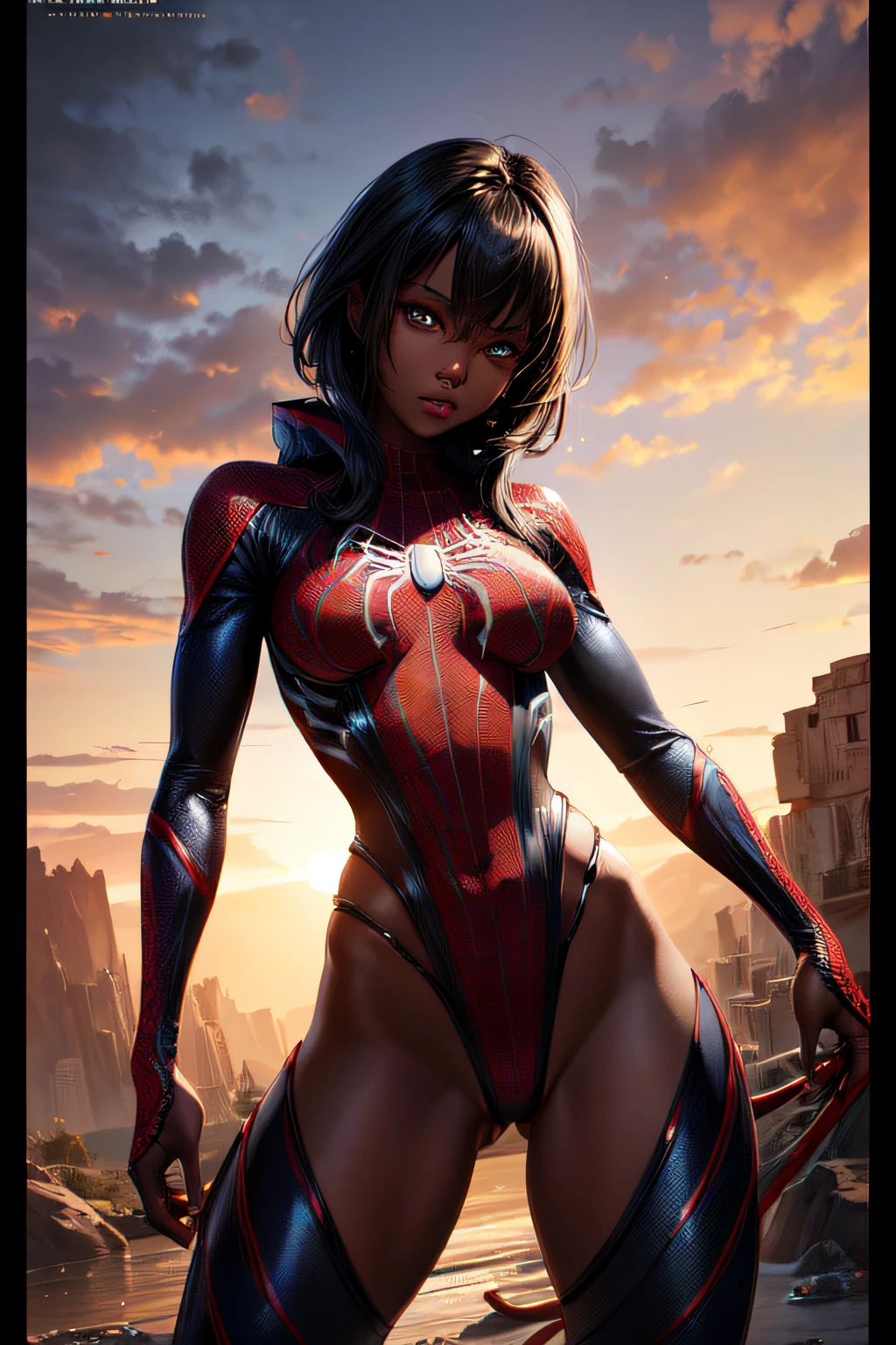 african girl, black skin, comic accurate Spider Man costume, black costume with red web and spider logo, combat stance, highly detailed, vibrant appearance, creative behavior, extremly detailed, imaginative, sensual, spontaneous, small breasts, sexi, revealing, highest quality, skin texture, intricate details, (cinematic lighting), RAW photo, 8k, masterpiece,best quality,ultra-detailed,very detailed illustrations,extremely detailed,intricate details,highres,super complex details,extremely detailed 8k cg wallpaper,