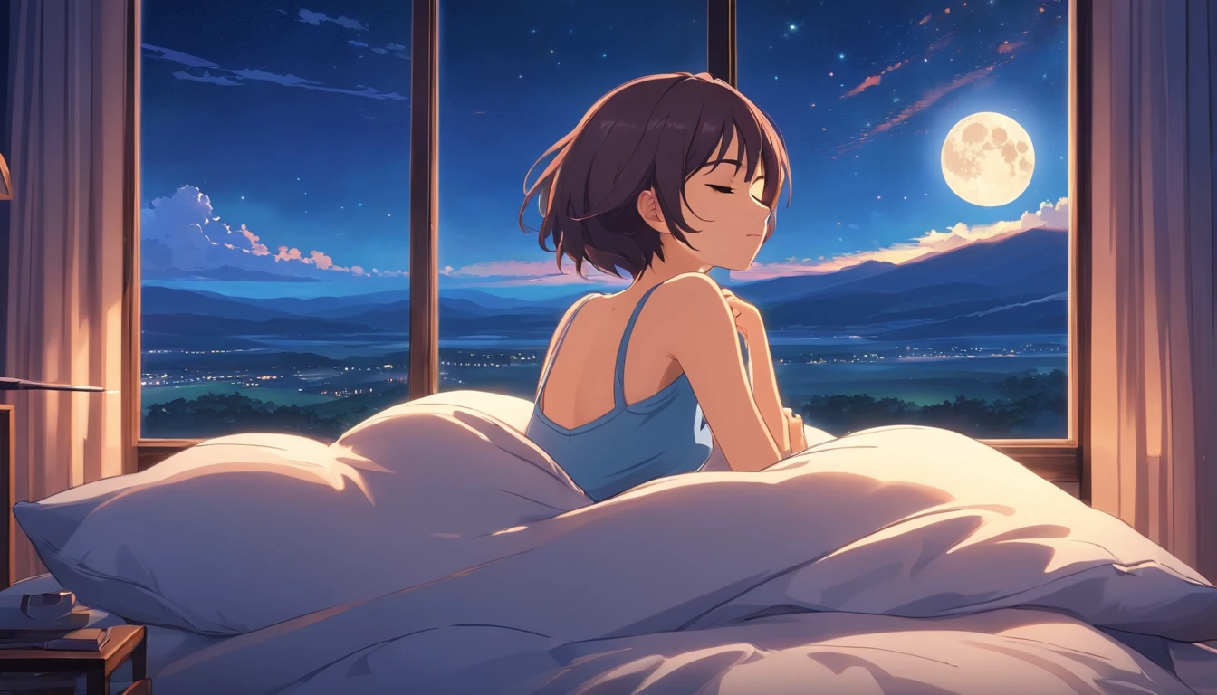 beautiful woman sleeping on a pillow ,window with beautiful landscape, night sky, star, full moon.