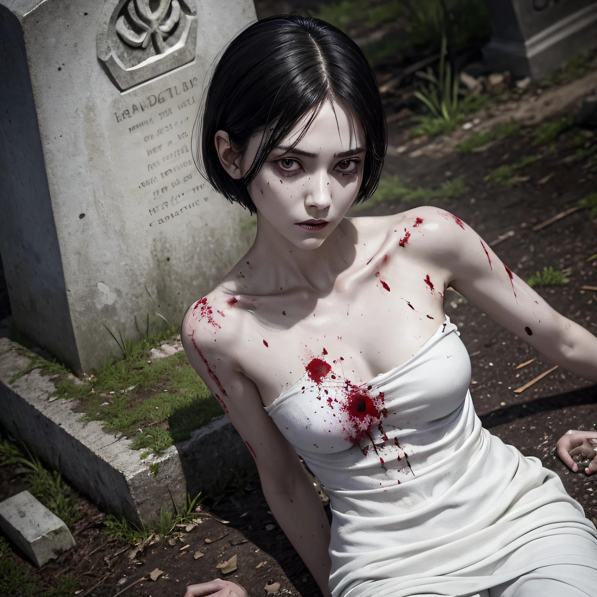 corpse, sinister, female, thin, pale, looking at the camera, ultra realistic, fully detailed, cemetery environment, bright eyes, white dress torn and stained with blood, bones exposed, putrid wounds, sensual, terrifying, bruised by the body, exposed fracture in the collarbone, slight smile, super detailed, black short hair, blood and wounds, stab wounds on body, dirty clothes