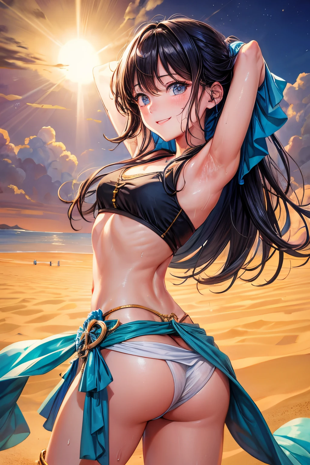 lighting like a movie、top-quality、one girl's butt、A dark-haired、sand beach、A smile、Slender Line、full of sweat、Arms behind your head、Wear loincloth、Eyes from below、nice butt、Great Ass、
