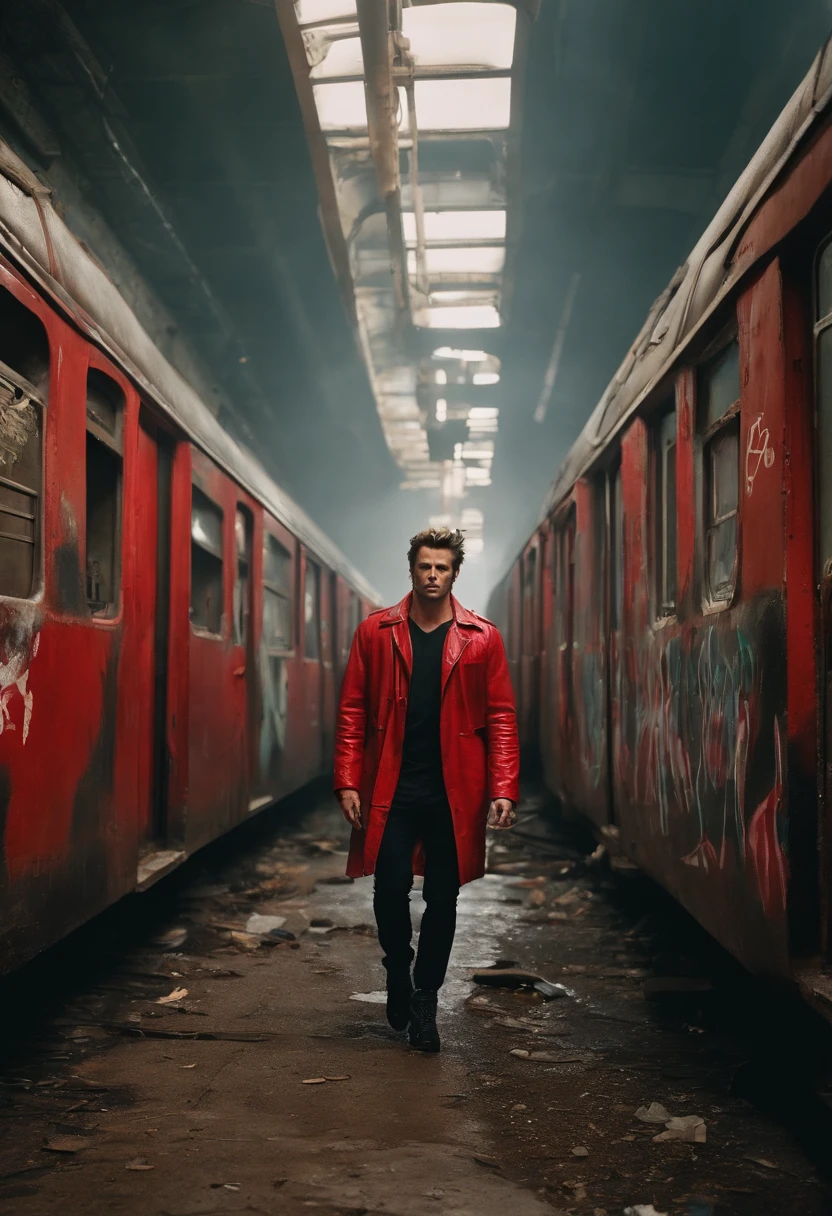 A photo of Tyler Durden leading a group of rebellious individuals, all wearing the iconic red jacket, gathering around a graffiti-covered abandoned subway car,original,Visually, Tyler is depicted as the epitome of a certain rugged, careless coolness, with a chiseled physique, unkempt hair, and a devil-may-care attitude expressed through his disheveled yet somehow stylish clothing. He frequently sports a red leather jacket, flashy shirts, and a penchant for soap making, which serves as a metaphor for his ability to cleanse and rebuild the identities of his followers.