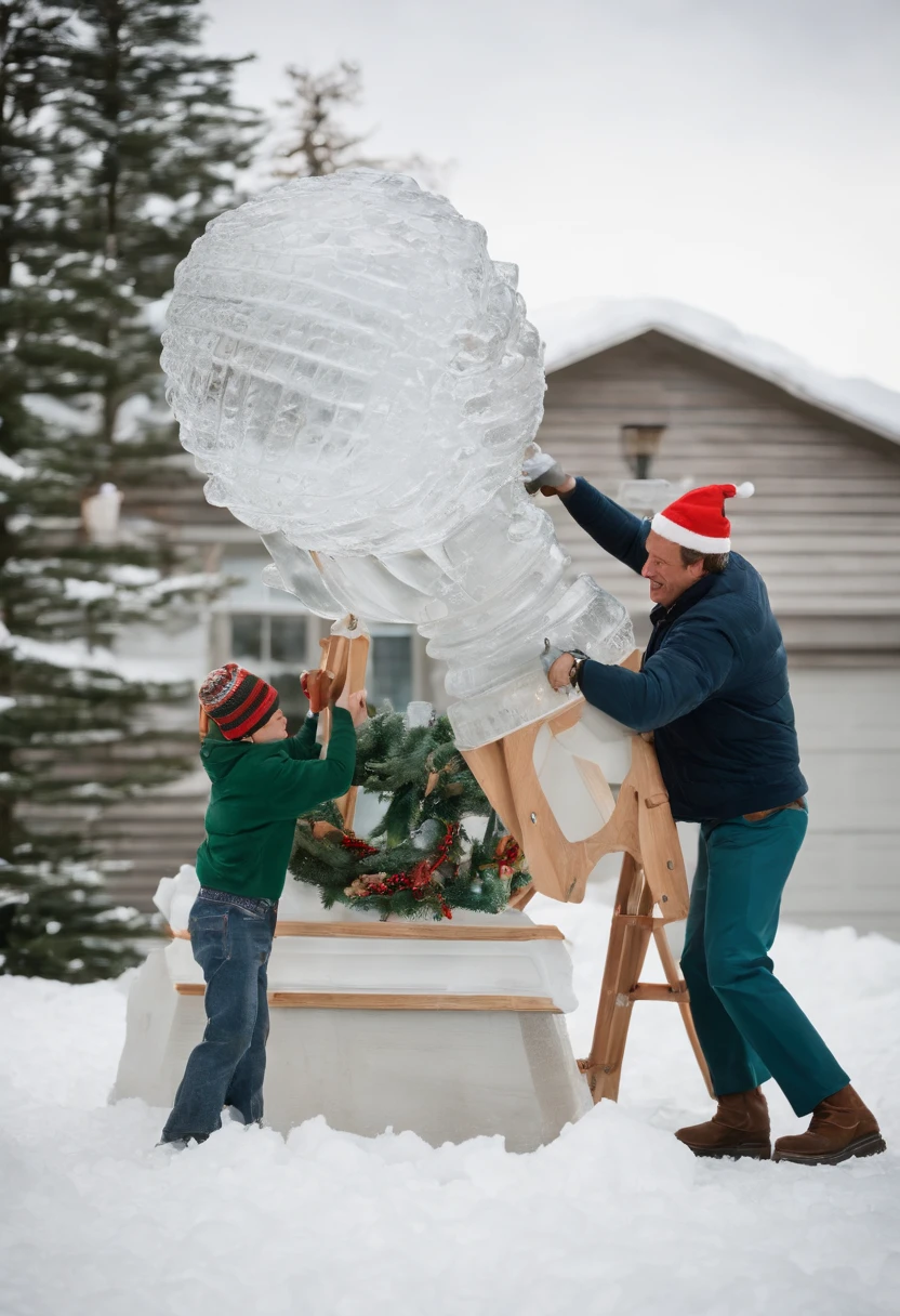 A photo of Clark Griswold attempting to set up an elaborate outdoor ice sculpture display, but accidentally slipping on the ice,Christmas Vacation,Clark Griswold, as portrayed in “Christmas Vacation,” is the epitome of an enthusiastic and ever-hopeful family man, driven by a relentless desire to create the perfect holiday experience. His appearance is that of the quintessential suburban dad: often seen sporting a light sweater, casual slacks, and a slightly disheveled look, reflecting his well-intentioned, yet often chaotic attempts at holiday preparations.