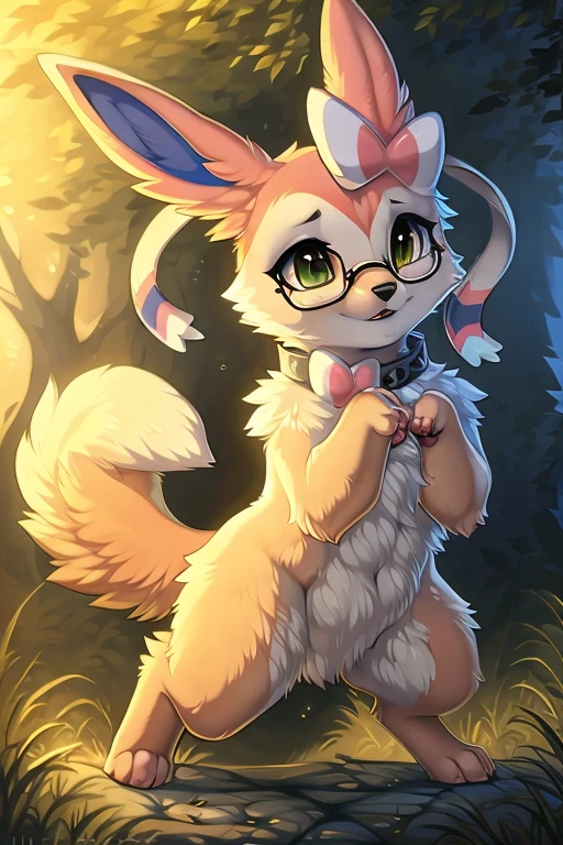 [by Hioshiru],furry, Feral, Pokemon, Long fluffy hair, Sylveon with white and pink fur, glasses, Green eyes, Shy, canine paws, paws for hands, short height, shortstack, crawling, heavy,spiked black collar, walkies, perk,scar tissue on front right leg