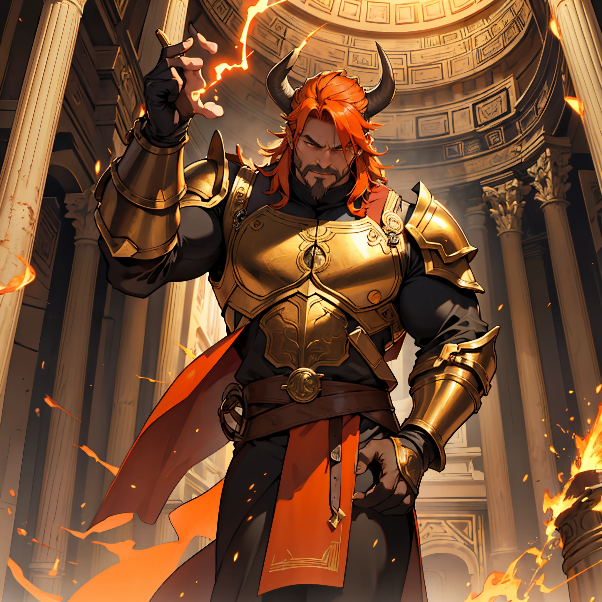 ​masterpiece, Best Quality, 4k, Background with:Inside the Pantheon with lava flowing, A large middle-aged man with neat orange hair......, Minotaur-like armor, long black coat, Sparks fly