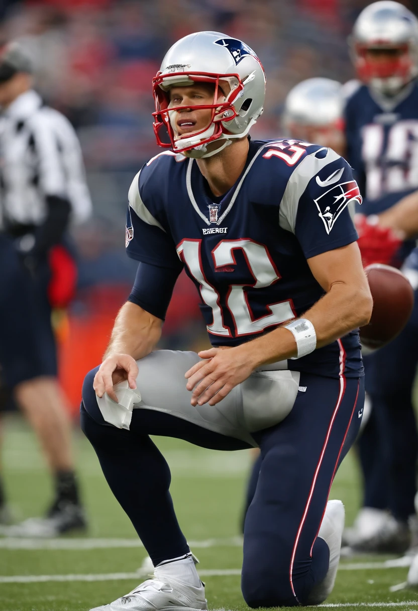 The image is a close-up of Tom Brady in workout gear, leading a team huddle on the football field.,New England Patriots,Tom Brady, the recently retired renowned American football quarterback, is known for his athletic build, standing tall with a lean, yet muscular physique honed from years of rigorous training and play. He often appears clean-cut, with short hair and a well-maintained appearance, reflecting his disciplined and focused nature.