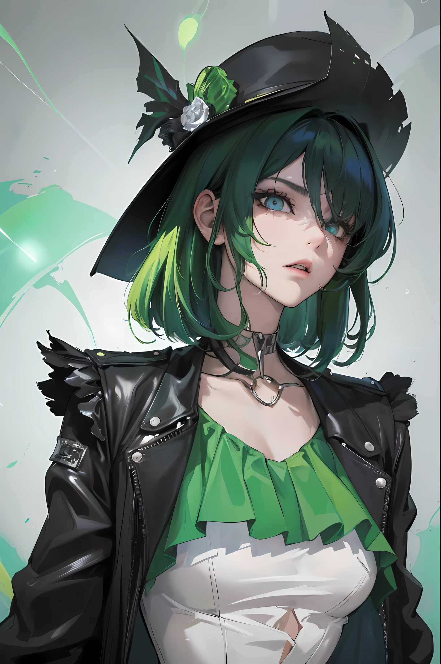 score_9, score_8_up, score_7_up,  1girl, punk, goth, black hair with green highlights, cat eye makeup, lime green eyes, black lipstick, medium perky breasts, face piercings, anime style