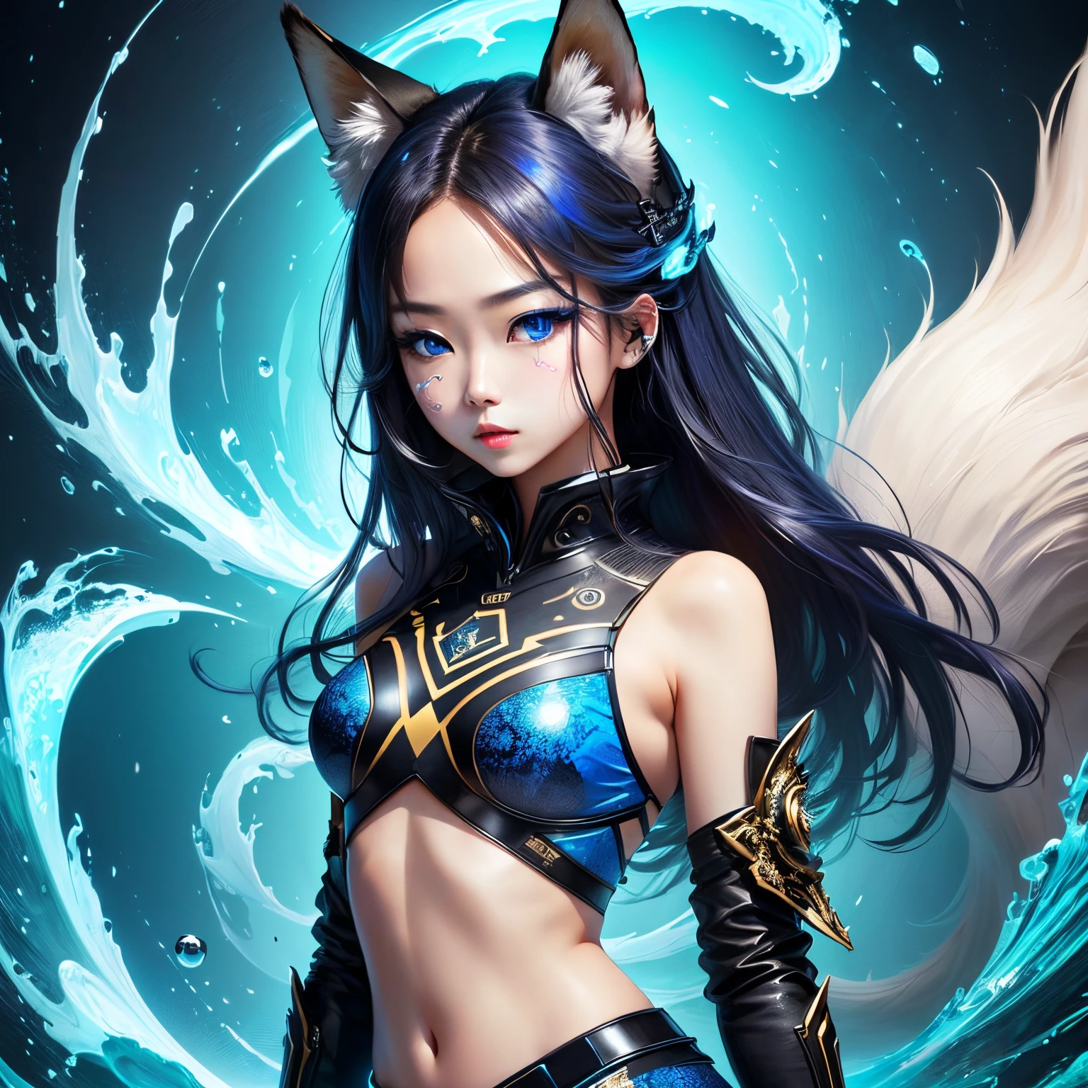 Public curly dark hair, Ponytail, beautiful female warrior, approximately 20 years of age, with a perfect body and dressed only organza transparent coat (see-through: 2.0) , The character has dark blue hair with red highlights, tied in a horse tail, and holds a short sword in her hand. I would like the drawing to be done in any graphic convention that fits the character’s nature, wet skin, (wet:2.0), shiny skin, transparent organza flowing coat, photorealistic: 2.0. Shiny skin, --auto --s2