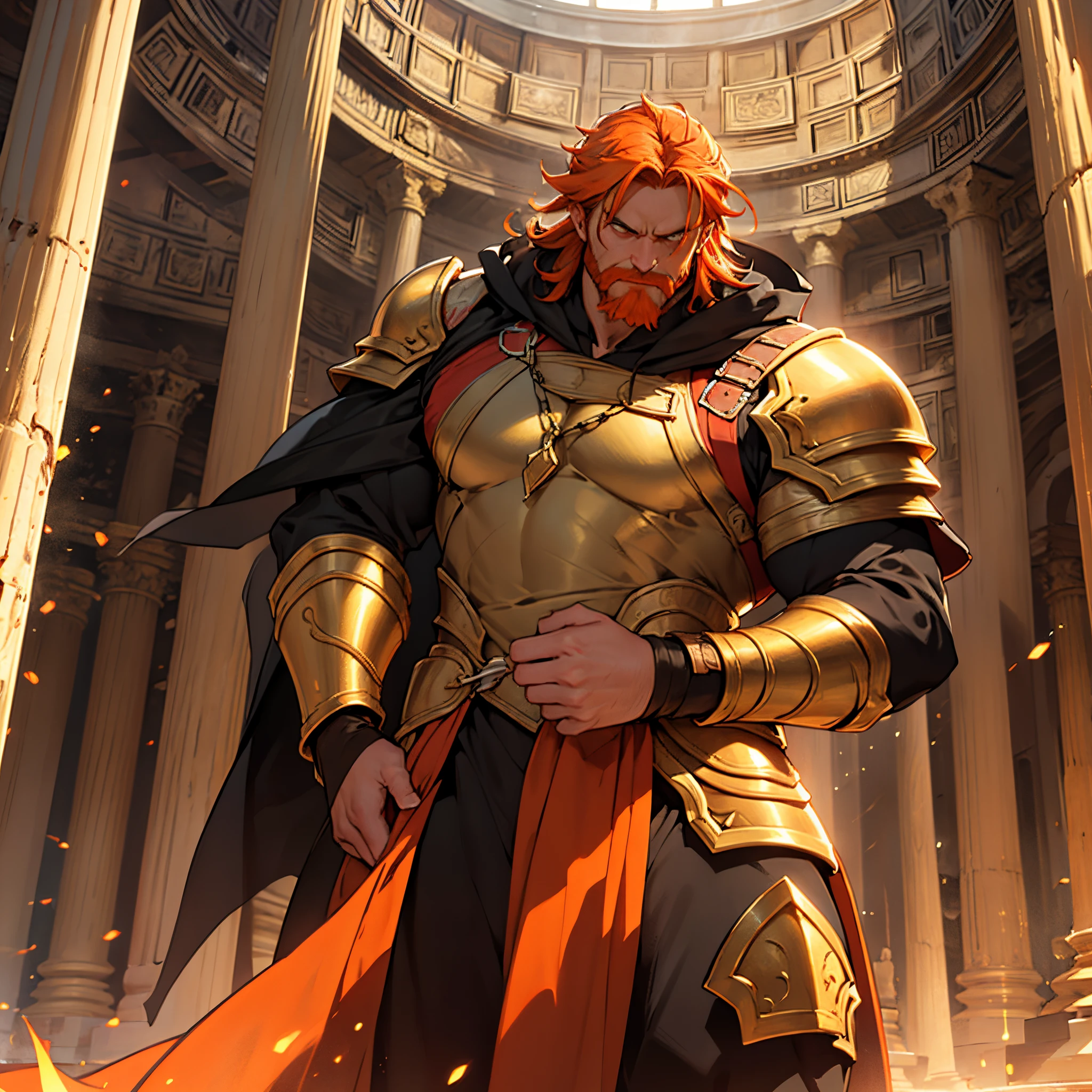​masterpiece, Best Quality, 4k, Background with:Inside the Pantheon with lava flowing, A very large middle-aged man with neat orange hair......, Minotaur-like armor, long black coat, Sparks fly