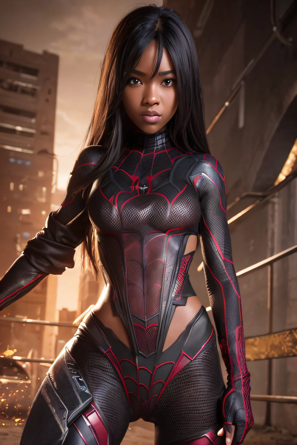 african girl, black skin, comic accurate Miles Morales Spider Man costume, black spandex, combat stance, highly detailed, vibrant appearance, creative behavior, extremly detailed, imaginative, sensual, spontaneous, small breasts, sexi, revealing, highest quality, skin texture, intricate details, (cinematic lighting), RAW photo, 8k, masterpiece,best quality,ultra-detailed,very detailed illustrations,extremely detailed,intricate details,highres,super complex details,extremely detailed 8k cg wallpaper,