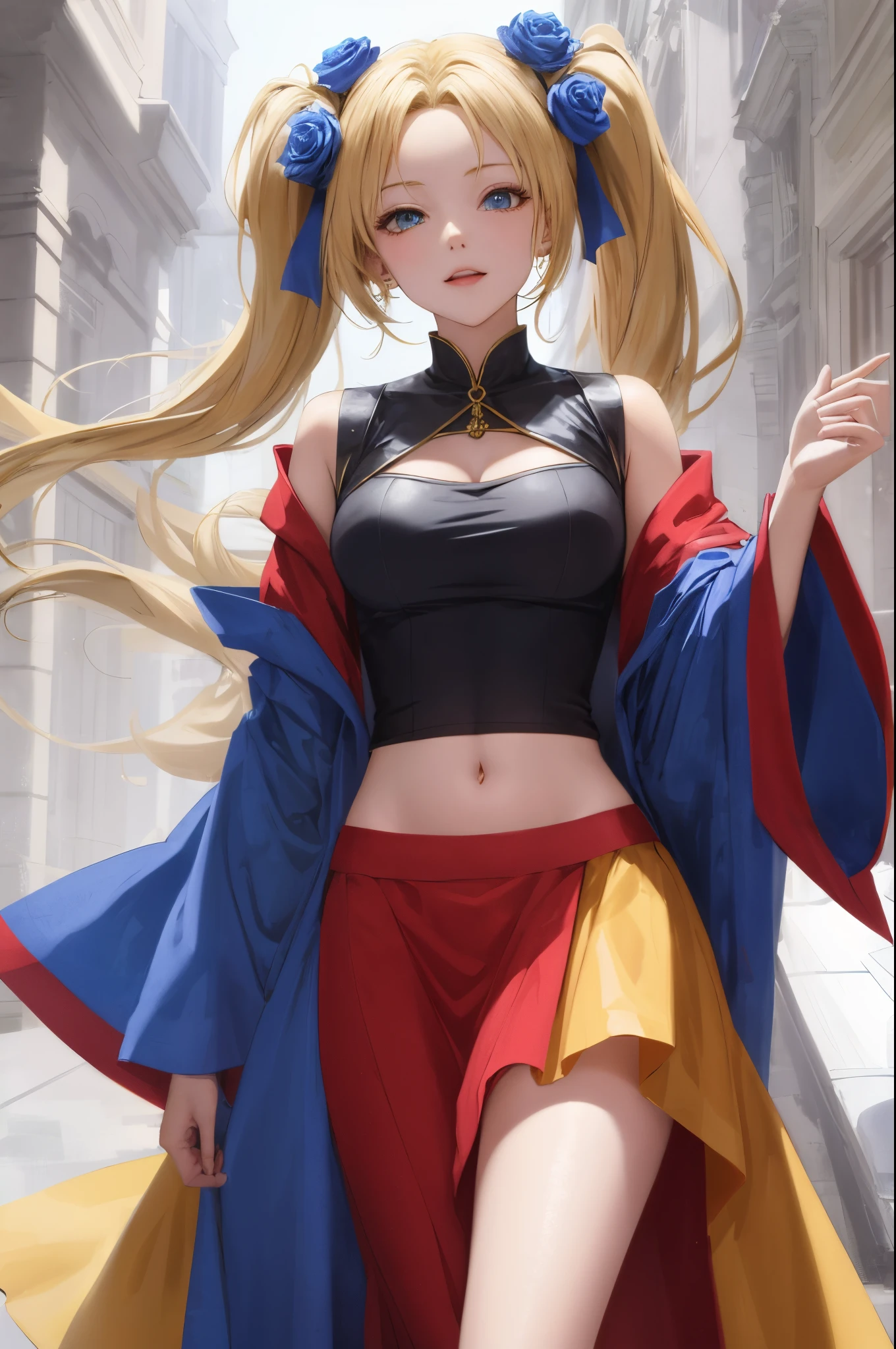 Anime, female, crop top, magic robes, gyspy robes, midriff, cheeky, long skirt, open skirt, twintails, blonde hair, handcuffs, blue rose in hair